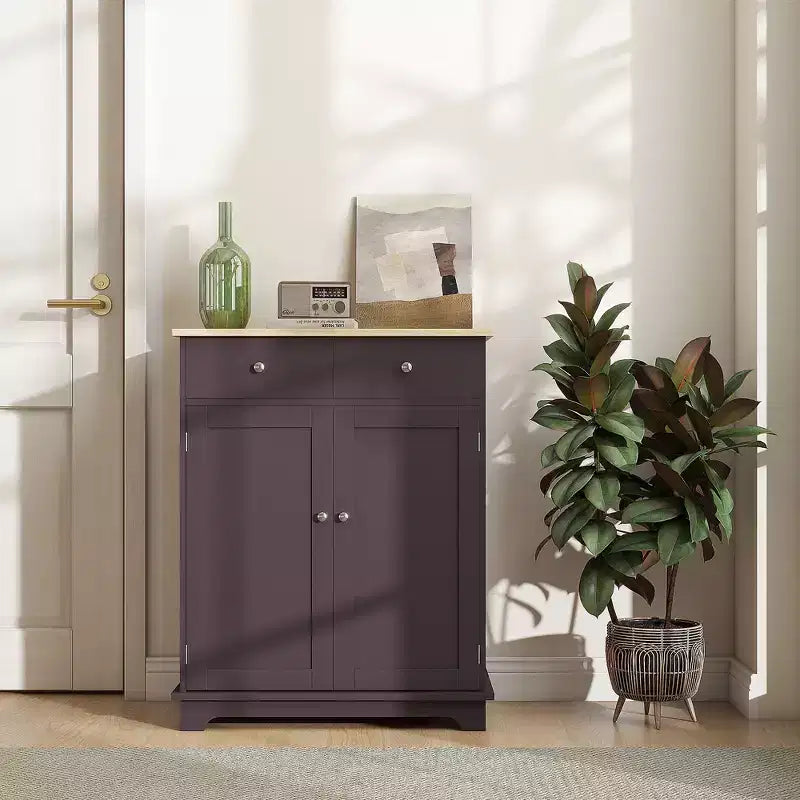 HOMCOM Kitchen Storage Cabinet, Sideboard Floor Cupboard with Solid Wood Top, Adjustable Shelf, and 2 Drawers for Living Room