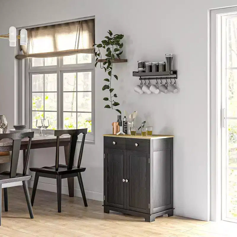 HOMCOM Kitchen Storage Cabinet, Sideboard Floor Cupboard with Solid Wood Top, Adjustable Shelf, and 2 Drawers for Living Room