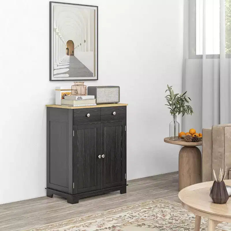 HOMCOM Kitchen Storage Cabinet, Sideboard Floor Cupboard with Solid Wood Top, Adjustable Shelf, and 2 Drawers for Living Room