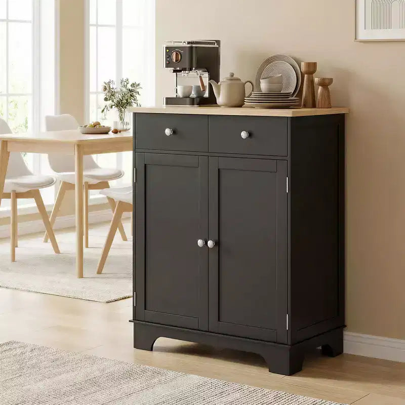 HOMCOM Kitchen Storage Cabinet, Sideboard Floor Cupboard with Solid Wood Top, Adjustable Shelf, and 2 Drawers for Living Room