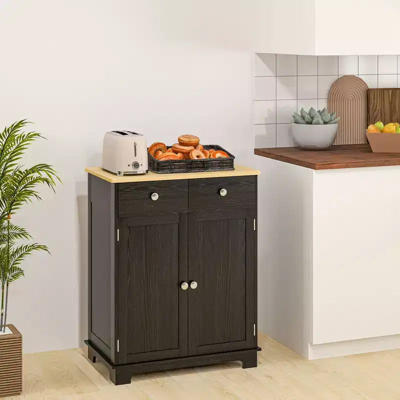 HOMCOM Kitchen Storage Cabinet, Sideboard Floor Cupboard with Solid Wood Top, Adjustable Shelf, and 2 Drawers for Living Room