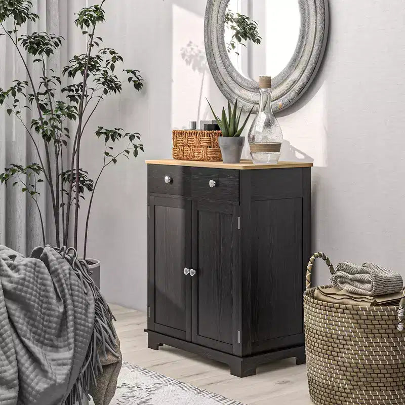 HOMCOM Kitchen Storage Cabinet, Sideboard Floor Cupboard with Solid Wood Top, Adjustable Shelf, and 2 Drawers for Living Room