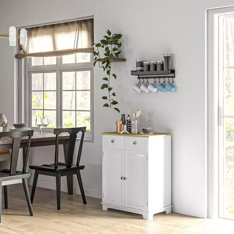 HOMCOM Kitchen Storage Cabinet, Sideboard Floor Cupboard with Solid Wood Top, Adjustable Shelf, and 2 Drawers for Living Room