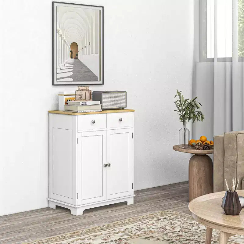 HOMCOM Kitchen Storage Cabinet, Sideboard Floor Cupboard with Solid Wood Top, Adjustable Shelf, and 2 Drawers for Living Room