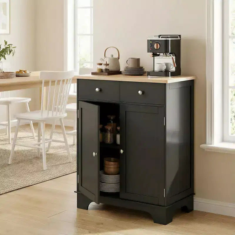 HOMCOM Kitchen Storage Cabinet, Sideboard Floor Cupboard with Solid Wood Top, Adjustable Shelf, and 2 Drawers for Living Room