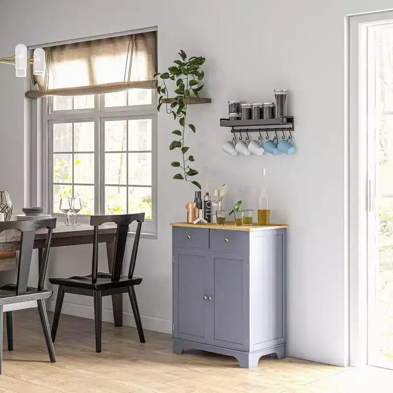 HOMCOM Kitchen Storage Cabinet, Sideboard Floor Cupboard with Solid Wood Top, Adjustable Shelf, and 2 Drawers for Living Room
