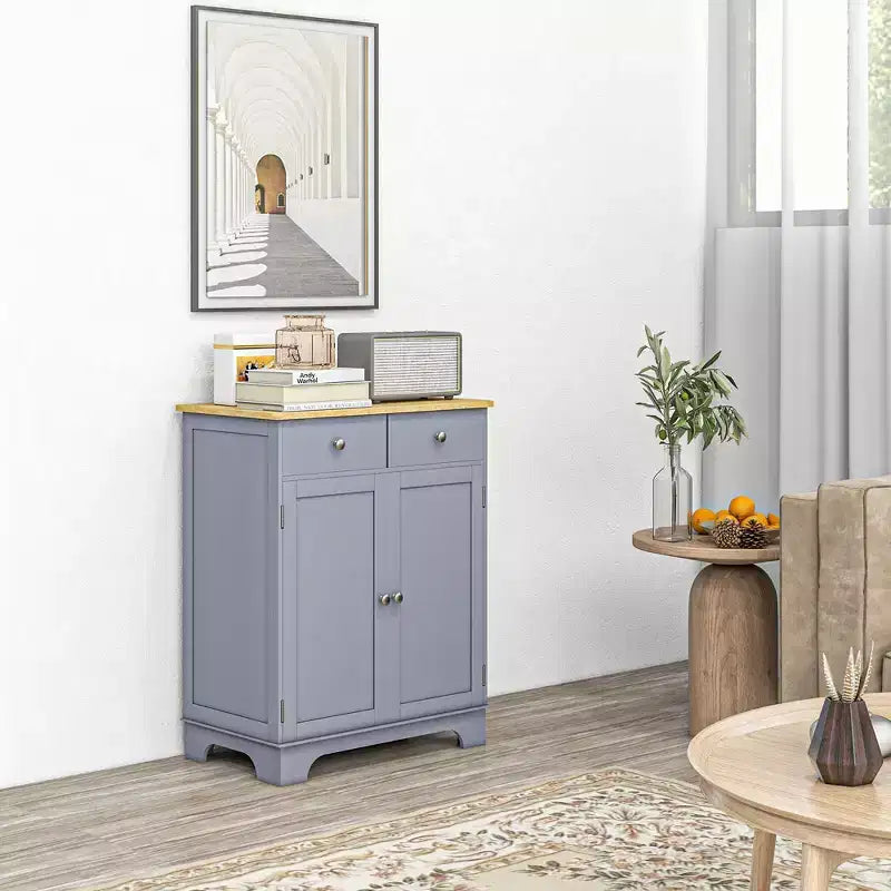 HOMCOM Kitchen Storage Cabinet, Sideboard Floor Cupboard with Solid Wood Top, Adjustable Shelf, and 2 Drawers for Living Room
