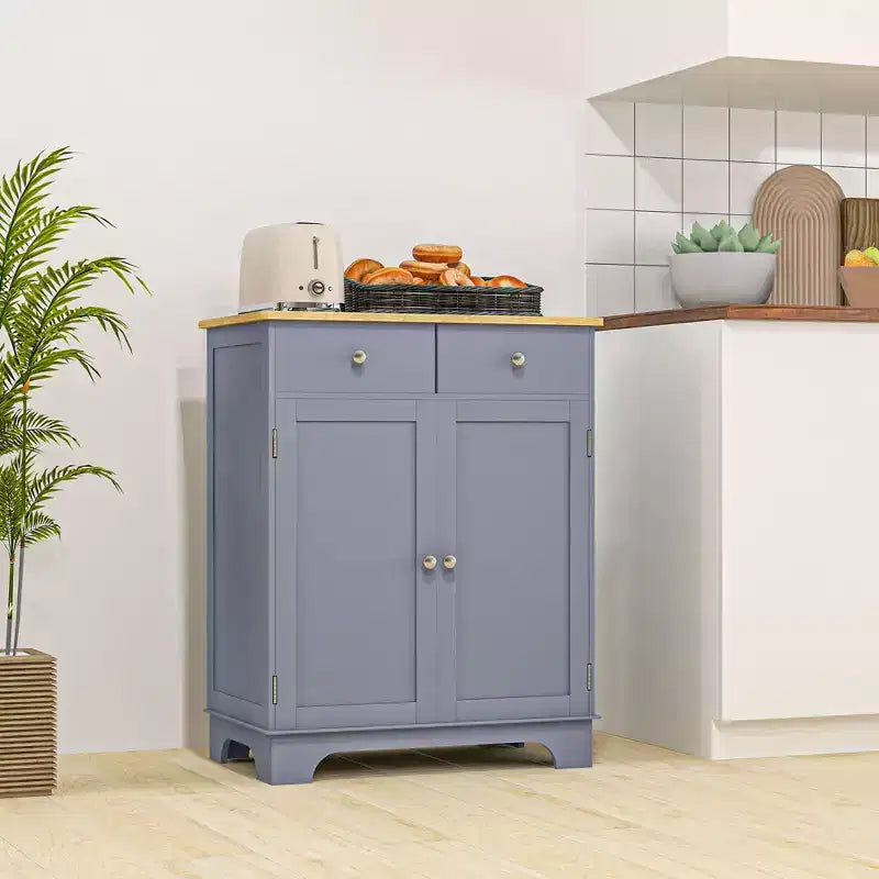 HOMCOM Kitchen Storage Cabinet, Sideboard Floor Cupboard with Solid Wood Top, Adjustable Shelf, and 2 Drawers for Living Room