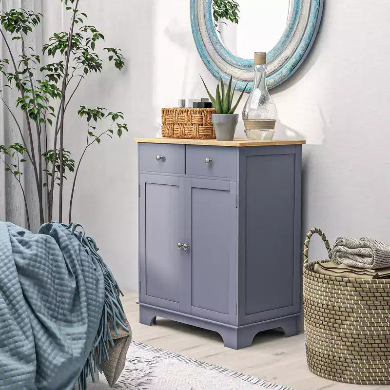 HOMCOM Kitchen Storage Cabinet, Sideboard Floor Cupboard with Solid Wood Top, Adjustable Shelf, and 2 Drawers for Living Room