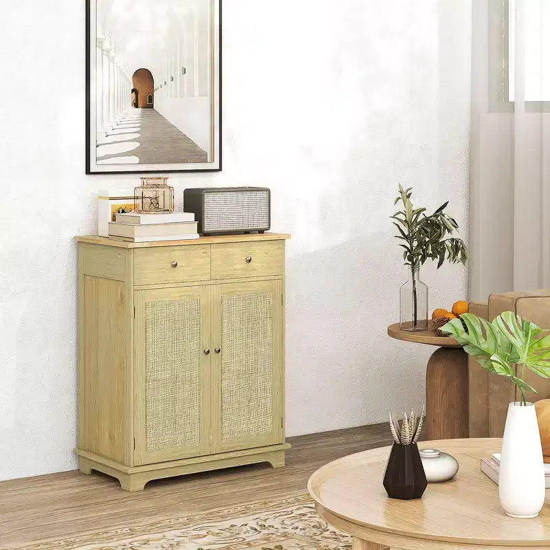 HOMCOM Kitchen Storage Cabinet, Sideboard Floor Cupboard with Solid Wood Top, Adjustable Shelf, and 2 Drawers for Living Room