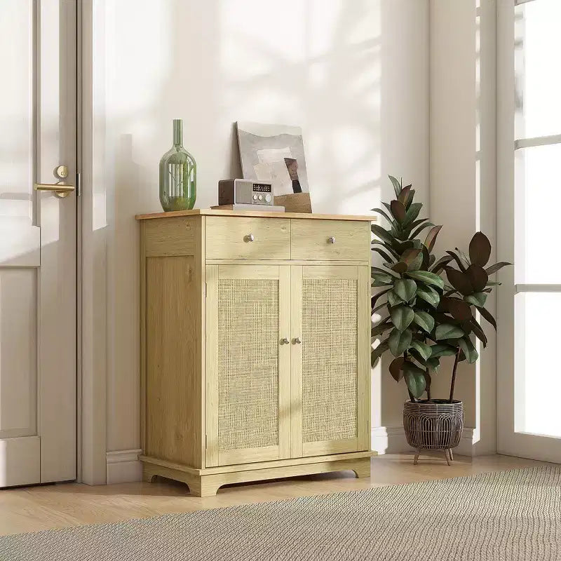 HOMCOM Kitchen Storage Cabinet, Sideboard Floor Cupboard with Solid Wood Top, Adjustable Shelf, and 2 Drawers for Living Room