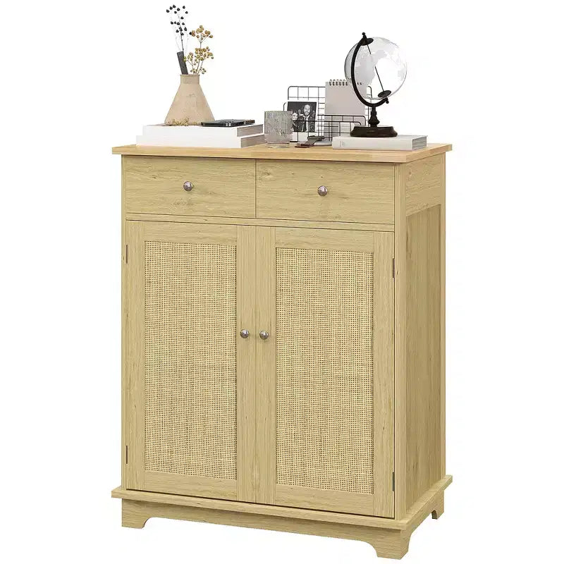 HOMCOM Kitchen Storage Cabinet, Sideboard Floor Cupboard with Solid Wood Top, Adjustable Shelf, and 2 Drawers for Living Room