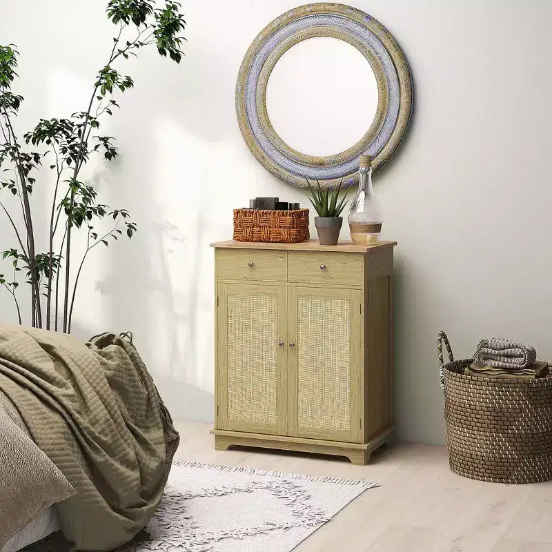 HOMCOM Kitchen Storage Cabinet, Sideboard Floor Cupboard with Solid Wood Top, Adjustable Shelf, and 2 Drawers for Living Room
