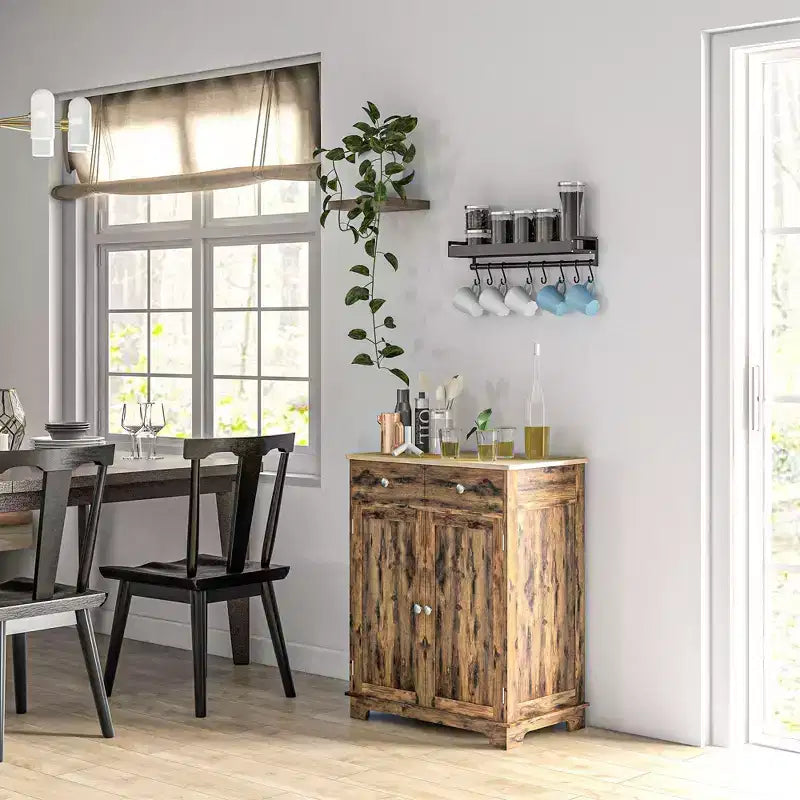 HOMCOM Kitchen Storage Cabinet, Sideboard Floor Cupboard with Solid Wood Top, Adjustable Shelf, and 2 Drawers for Living Room