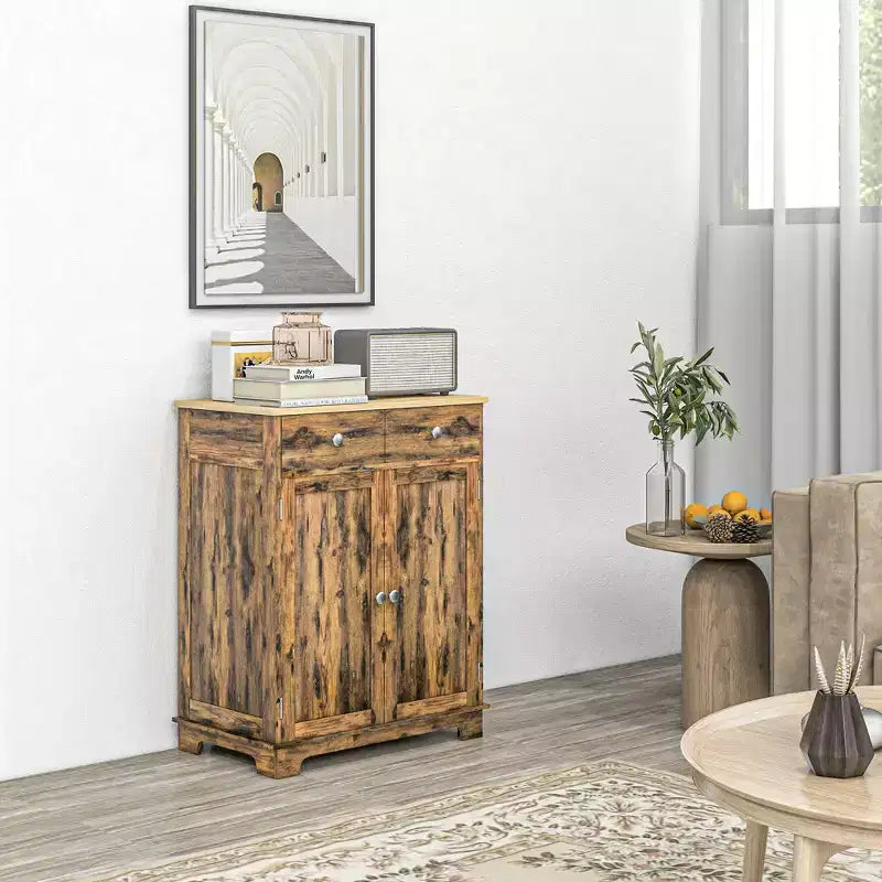 HOMCOM Kitchen Storage Cabinet, Sideboard Floor Cupboard with Solid Wood Top, Adjustable Shelf, and 2 Drawers for Living Room
