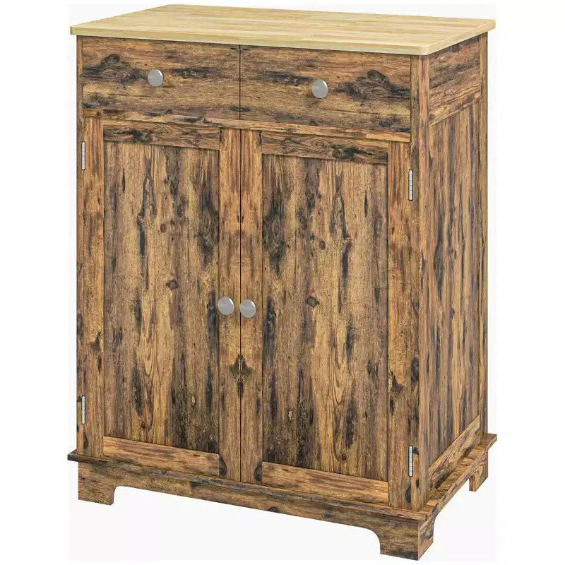 HOMCOM Kitchen Storage Cabinet, Sideboard Floor Cupboard with Solid Wood Top, Adjustable Shelf, and 2 Drawers for Living Room