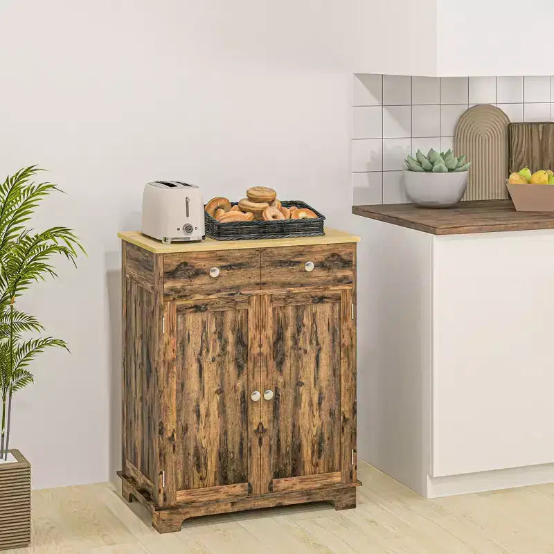 HOMCOM Kitchen Storage Cabinet, Sideboard Floor Cupboard with Solid Wood Top, Adjustable Shelf, and 2 Drawers for Living Room