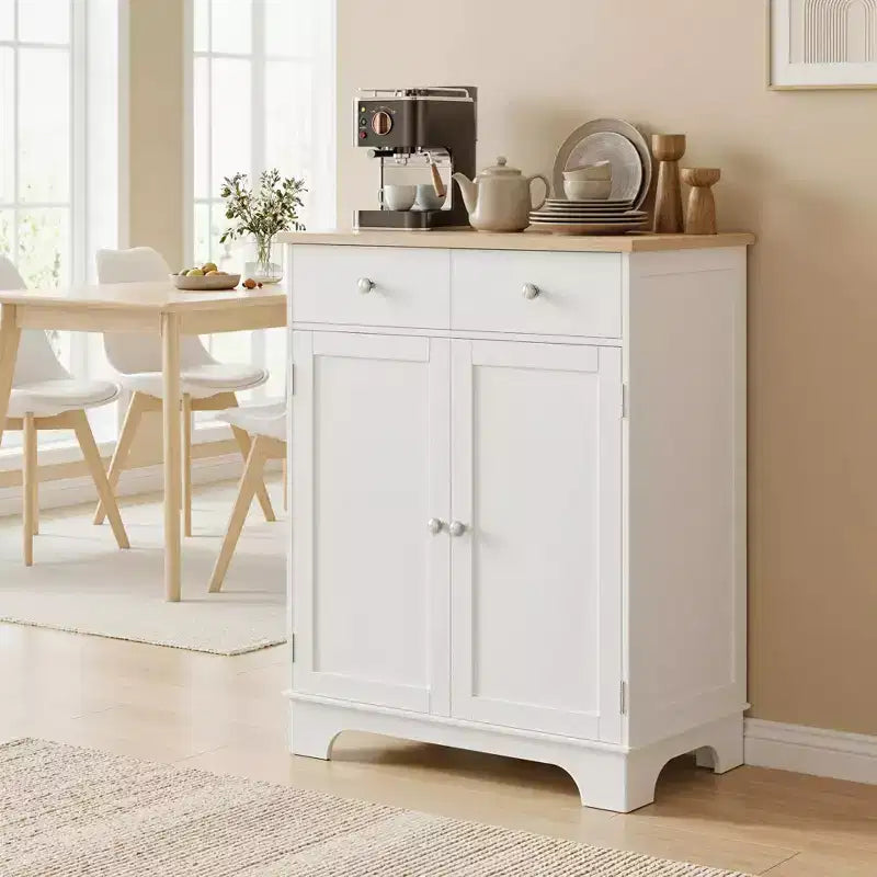 HOMCOM Kitchen Storage Cabinet, Sideboard Floor Cupboard with Solid Wood Top, Adjustable Shelf, and 2 Drawers for Living Room