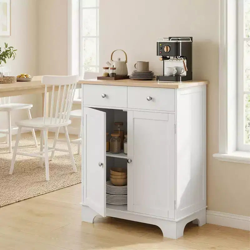 HOMCOM Kitchen Storage Cabinet, Sideboard Floor Cupboard with Solid Wood Top, Adjustable Shelf, and 2 Drawers for Living Room