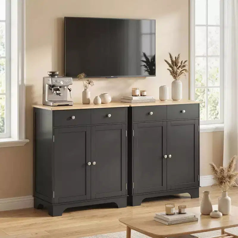 HOMCOM Kitchen Storage Cabinet, Sideboard Floor Cupboard with Solid Wood Top, Adjustable Shelf, and 2 Drawers for Living Room