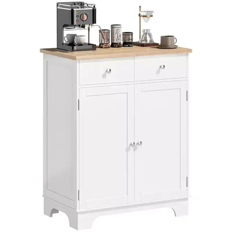 HOMCOM Kitchen Storage Cabinet, Sideboard Floor Cupboard with Solid Wood Top, Adjustable Shelf, and 2 Drawers for Living Room