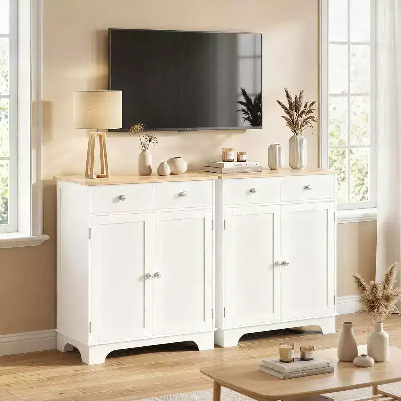 HOMCOM Kitchen Storage Cabinet, Sideboard Floor Cupboard with Solid Wood Top, Adjustable Shelf, and 2 Drawers for Living Room
