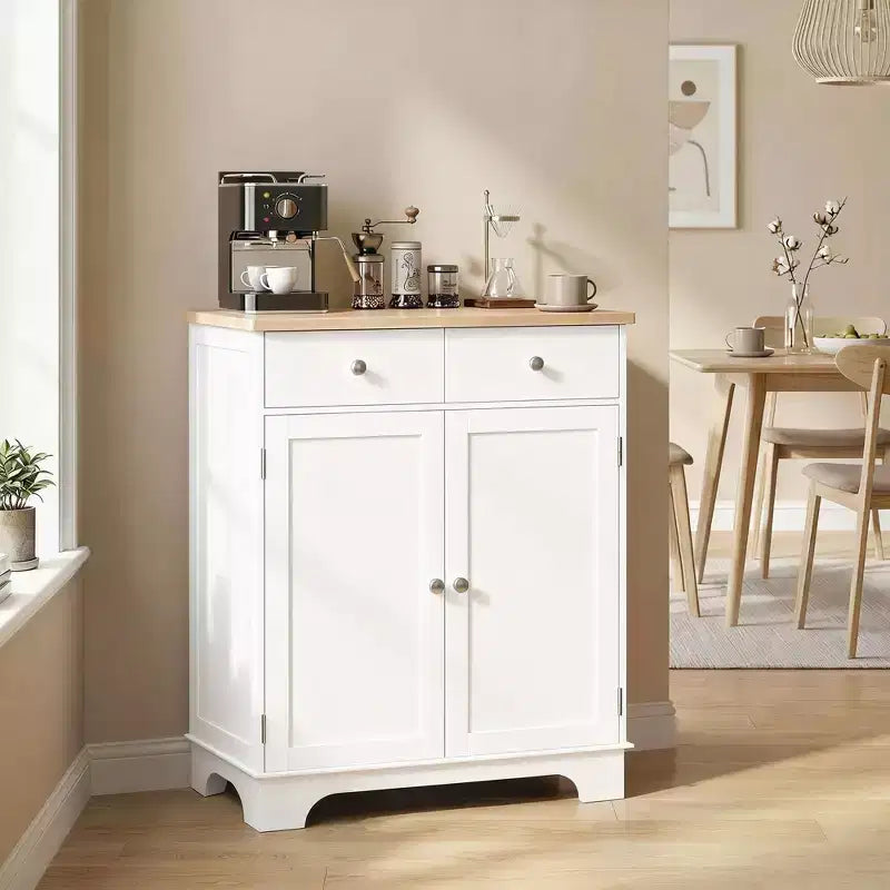 HOMCOM Kitchen Storage Cabinet, Sideboard Floor Cupboard with Solid Wood Top, Adjustable Shelf, and 2 Drawers for Living Room