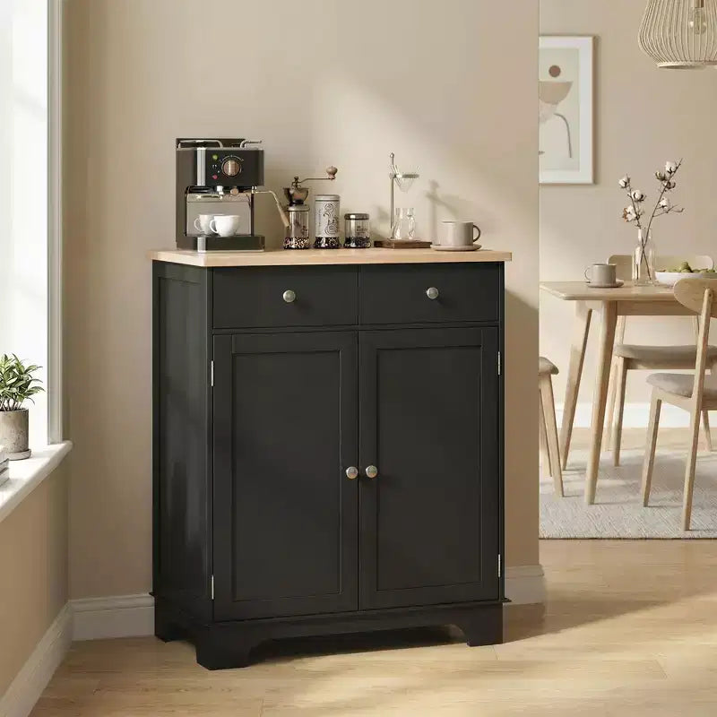 HOMCOM Kitchen Storage Cabinet, Sideboard Floor Cupboard with Solid Wood Top, Adjustable Shelf, and 2 Drawers for Living Room