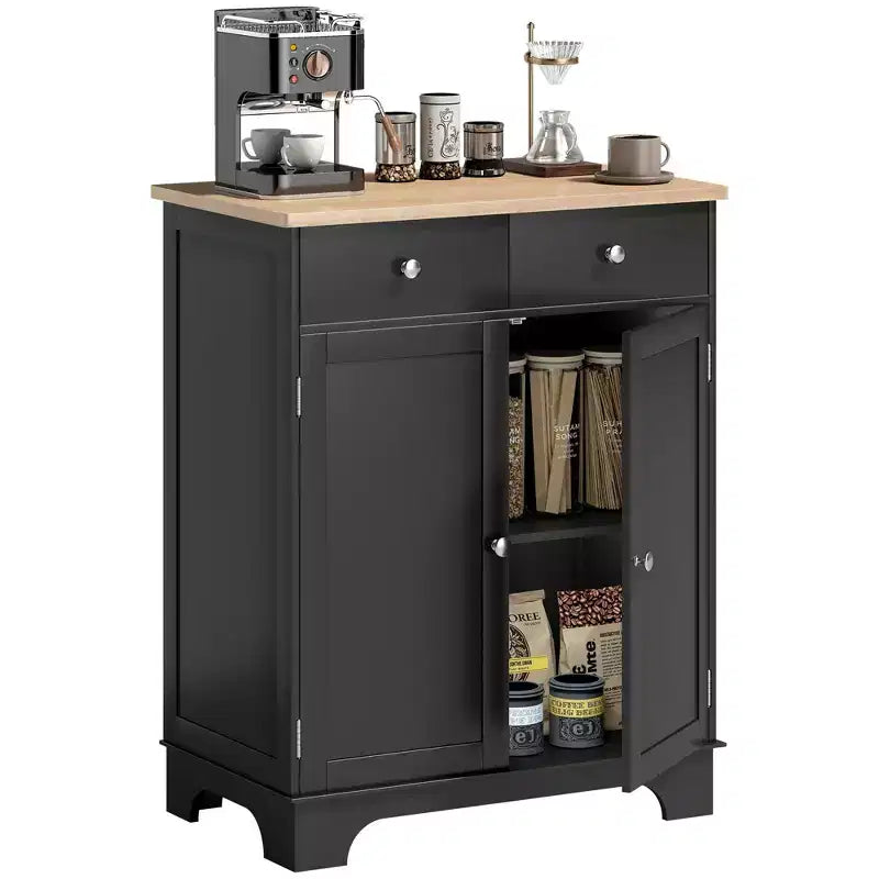 HOMCOM Kitchen Storage Cabinet, Sideboard Floor Cupboard with Solid Wood Top, Adjustable Shelf, and 2 Drawers for Living Room