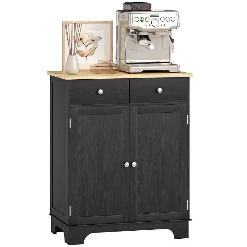 HOMCOM Kitchen Storage Cabinet, Sideboard Floor Cupboard with Solid Wood Top, Adjustable Shelf, and 2 Drawers for Living Room