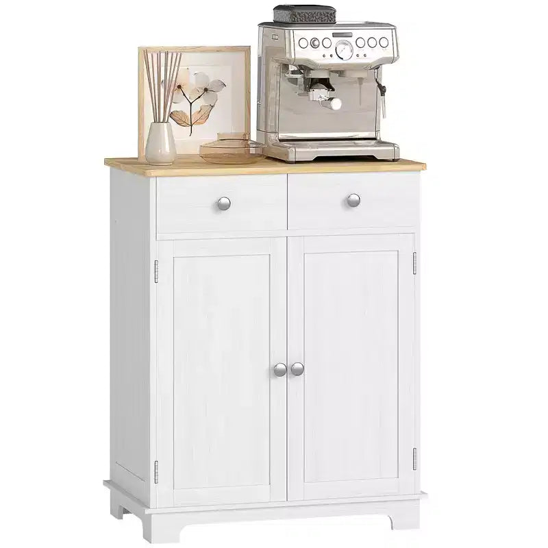 HOMCOM Kitchen Storage Cabinet, Sideboard Floor Cupboard with Solid Wood Top, Adjustable Shelf, and 2 Drawers for Living Room
