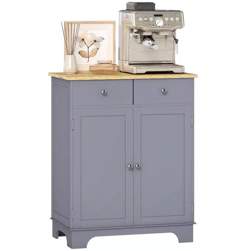HOMCOM Kitchen Storage Cabinet, Sideboard Floor Cupboard with Solid Wood Top, Adjustable Shelf, and 2 Drawers for Living Room