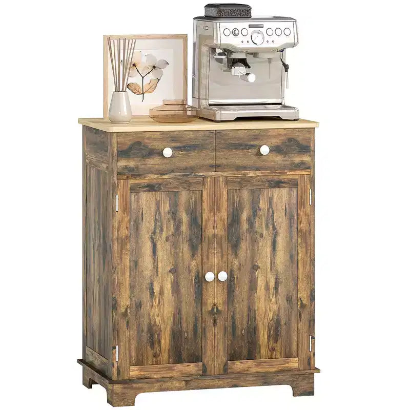 HOMCOM Kitchen Storage Cabinet, Sideboard Floor Cupboard with Solid Wood Top, Adjustable Shelf, and 2 Drawers for Living Room