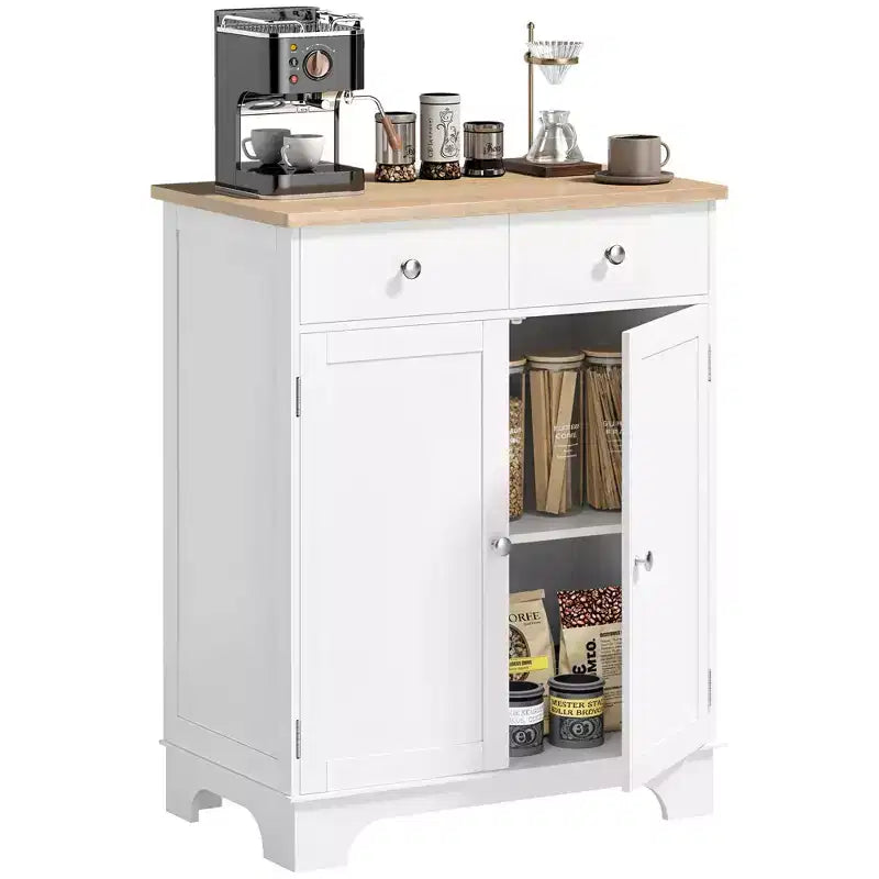 HOMCOM Kitchen Storage Cabinet, Sideboard Floor Cupboard with Solid Wood Top, Adjustable Shelf, and 2 Drawers for Living Room