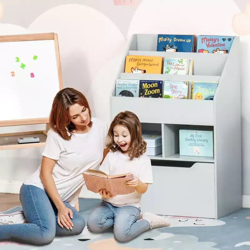 HOMCOM Kids Bookcase Multi-Shelf Rack Organizer with Storage Drawer for Books for Bedroom or Playroom