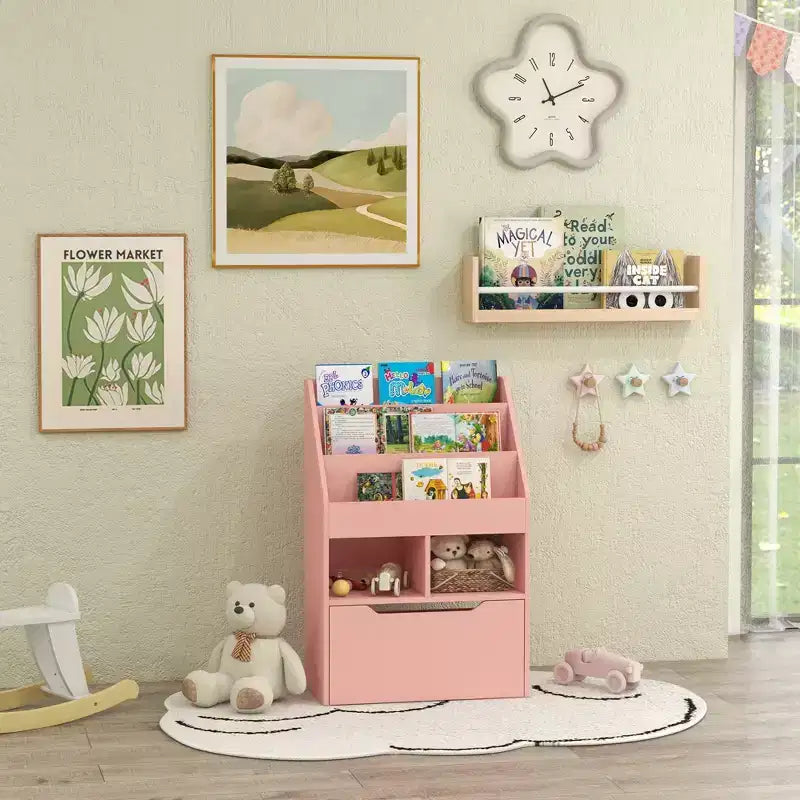 HOMCOM Kids Bookcase Multi-Shelf Rack Organizer with Storage Drawer for Books for Bedroom or Playroom