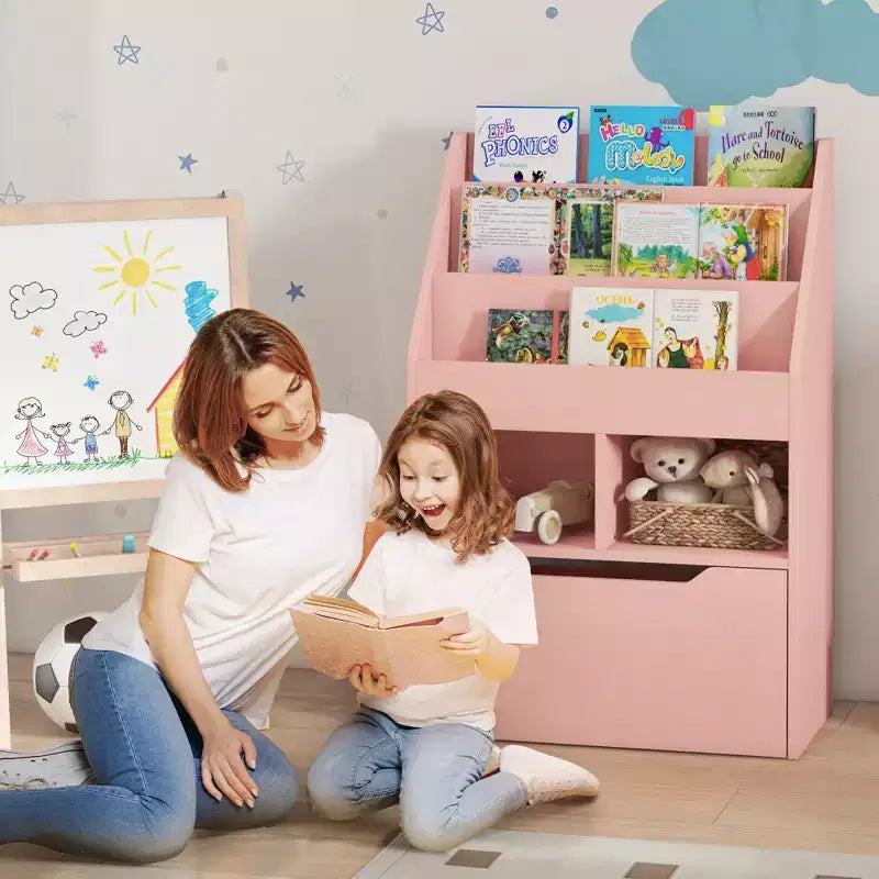 HOMCOM Kids Bookcase Multi-Shelf Rack Organizer with Storage Drawer for Books for Bedroom or Playroom