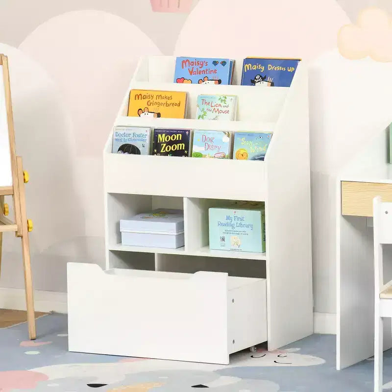 HOMCOM Kids Bookcase Multi-Shelf Rack Organizer with Storage Drawer for Books for Bedroom or Playroom