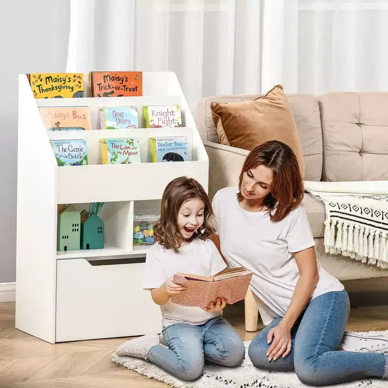 HOMCOM Kids Bookcase Multi-Shelf Rack Organizer with Storage Drawer for Books for Bedroom or Playroom