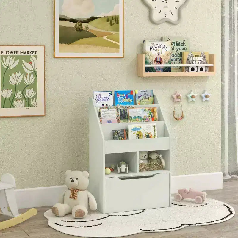 HOMCOM Kids Bookcase Multi-Shelf Rack Organizer with Storage Drawer for Books for Bedroom or Playroom