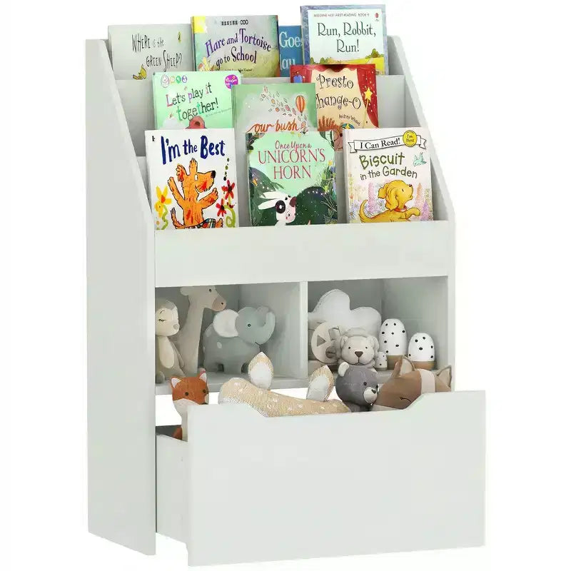 HOMCOM Kids Bookcase Multi-Shelf Rack Organizer with Storage Drawer for Books for Bedroom or Playroom
