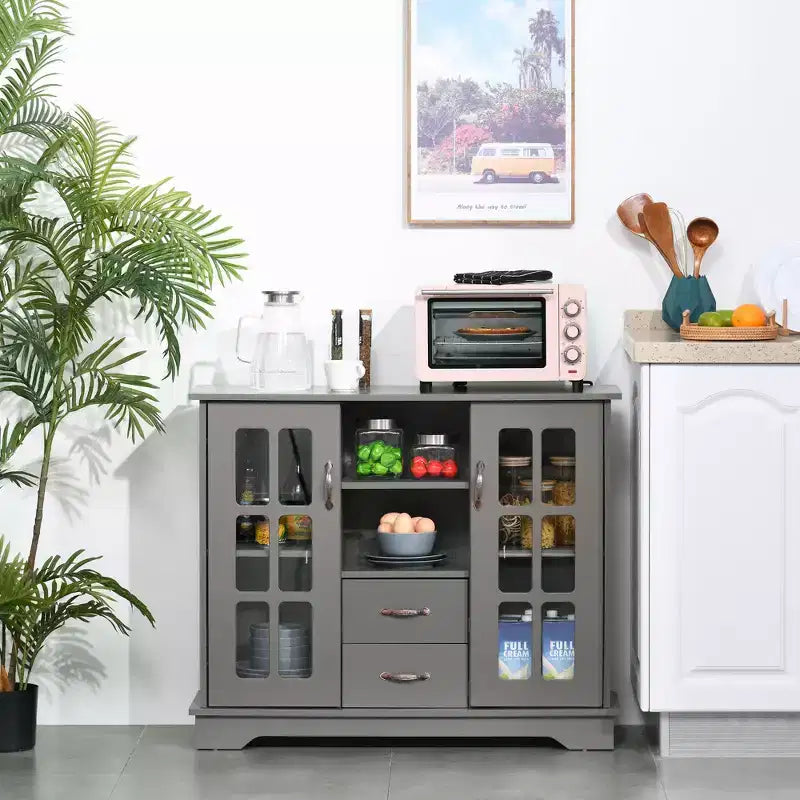 HOMCOM Modern Storage Console Cabinet with 2 Framed Glass Doors and 2 Drawers for Kitchen or Living Room