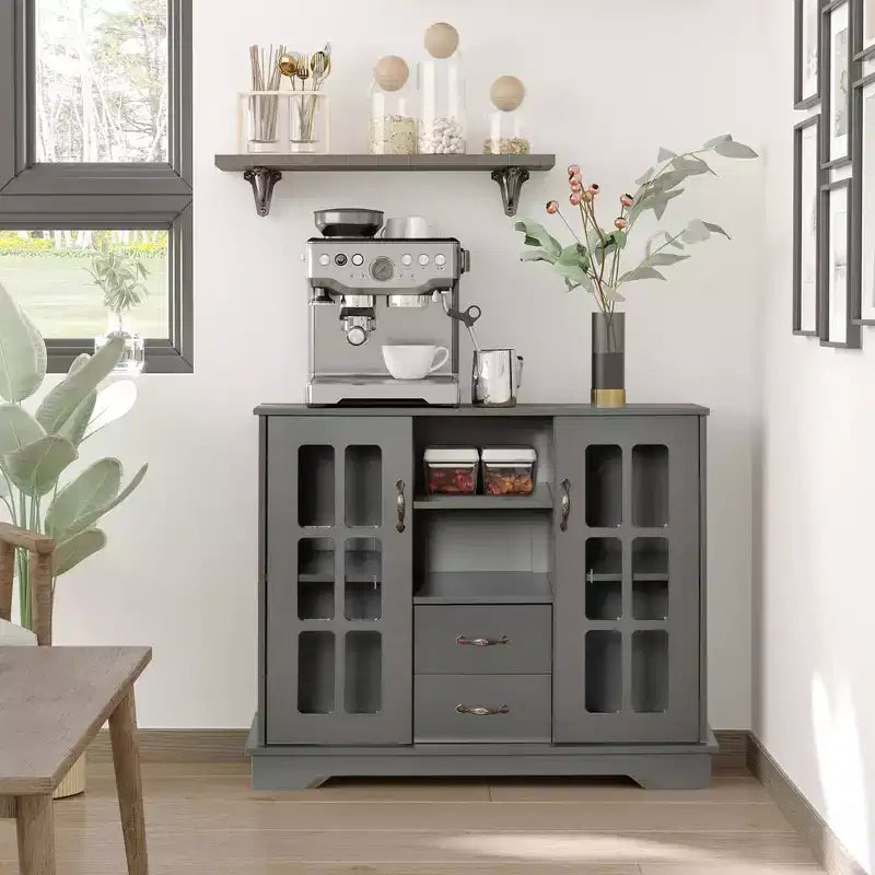 HOMCOM Modern Storage Console Cabinet with 2 Framed Glass Doors and 2 Drawers for Kitchen or Living Room