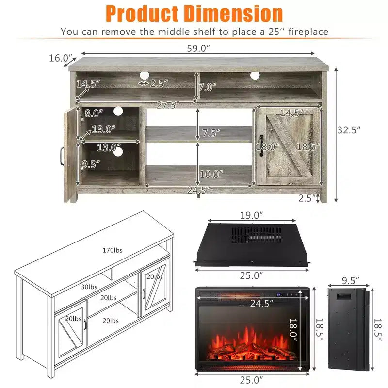 Costway 1350W Electric Fireplace Heater W/59'' Fireplace TV Stand